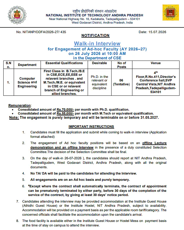 NIT Andhra Pradesh Ad-hoc Faculty Recruitment 2026: Walk-in Interview for CSE Department