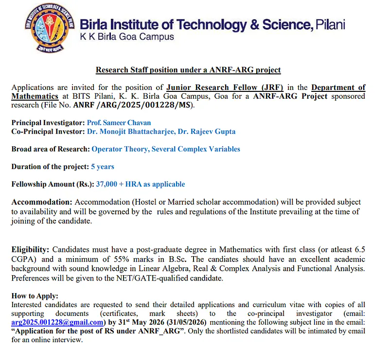  Junior Research Fellow (JRF) Positions Available at BITS Pilani, Goa Campus