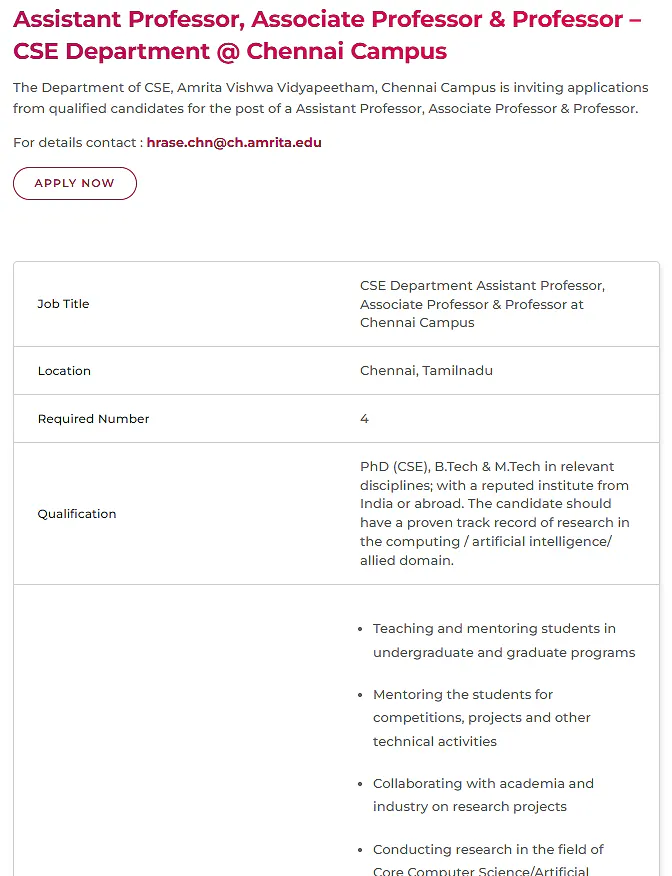 Assistant Professor, Associate Professor & Professor Recruitment 2026 at Amrita Vishwa Vidyapeetham – CSE Department