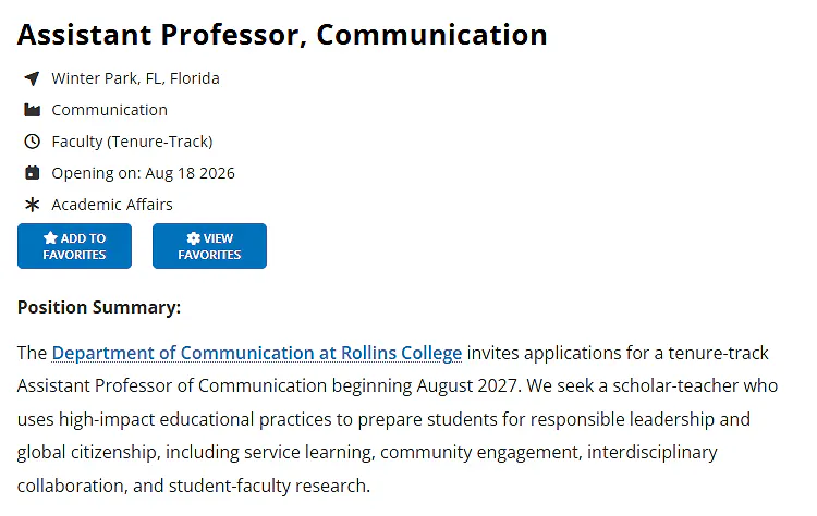Assistant Professor of Communication (Tenure-Track) – Rollins College