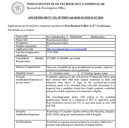 IIT Gandhinagar Invites Applications for Post-Doctoral Fellow Position in Mathematics