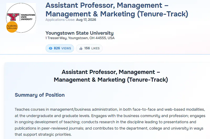 Youngstown State University Assistant Professor Recruitment 2026