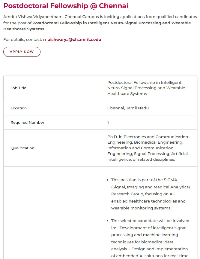 Postdoctoral Fellowship 2026 in Intelligent Neuro-Signal Processing & Wearable Healthcare Systems at Amrita Vishwa Vidyapeetham, Chennai