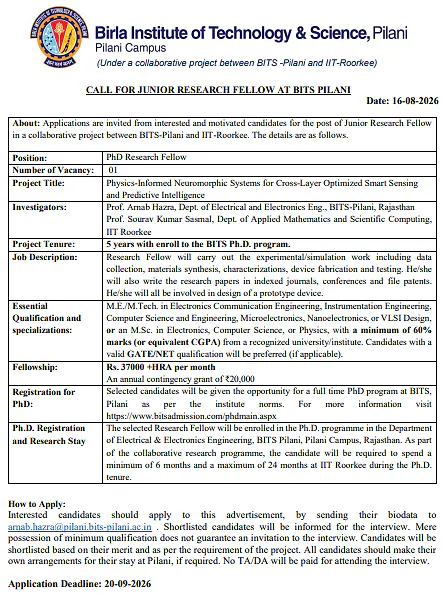 Junior Research Fellow Recruitment 2026 at BITS Pilani – BITS Pilani–IIT Roorkee Collaborative Research Project