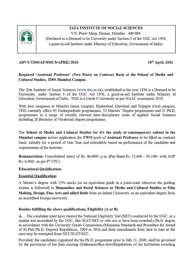 Faculty Recruitment 2026: Tata Institute of Social Sciences (TISS), Mumbai