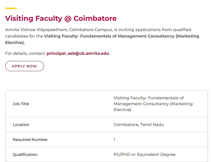 Visiting Faculty (Various Disciplines)  Amrita Vishwa Vidyapeetham