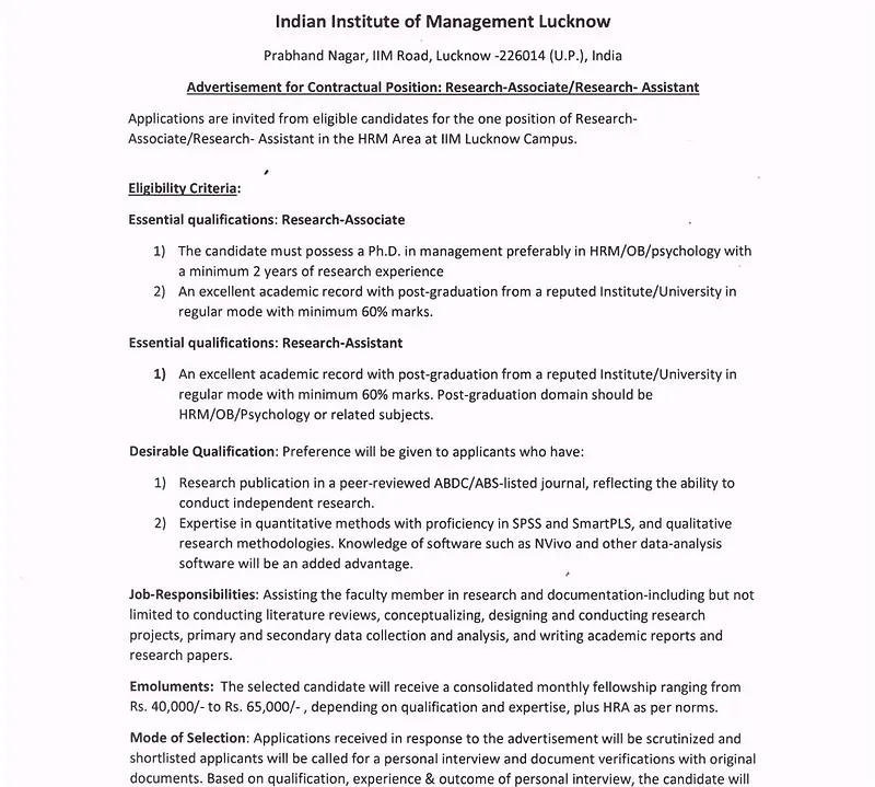 Research Associate / Research Assistant (Contractual – HRM Area)