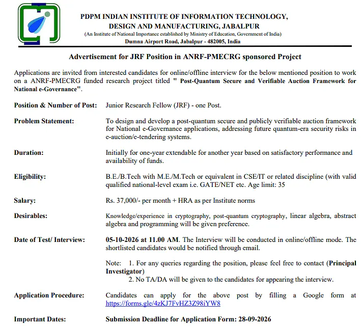 Junior Research Fellow (JRF) Recruitment 2026 at IIITDM Jabalpur – ANRF-PMECRG Sponsored Project