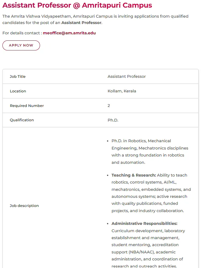 Assistant Professor Recruitment 2026 at Amrita Vishwa Vidyapeetham – Amritapuri Campus