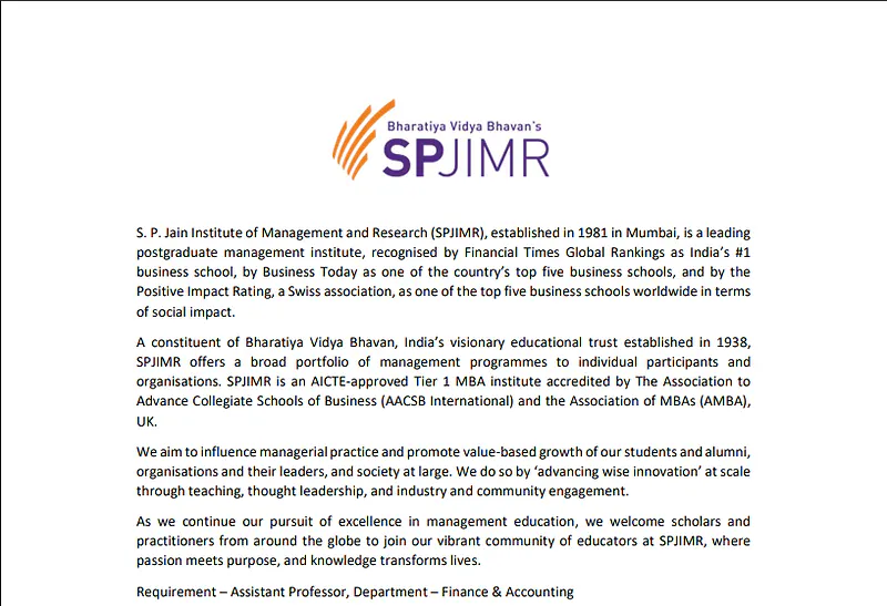 Assistant Professor (Finance & Accounting)  Bharatiya Vidya Bhavan's S.P. Jain Institute of Management and Research (SPJIMR)