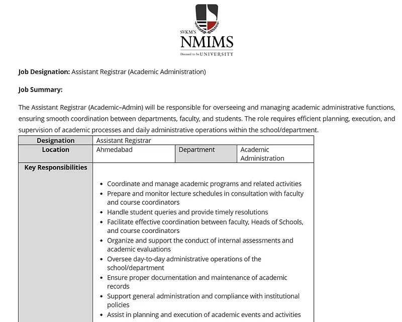 Assistant Registrar (Academic Administration) Recruitment – NMIMS Ahmedabad