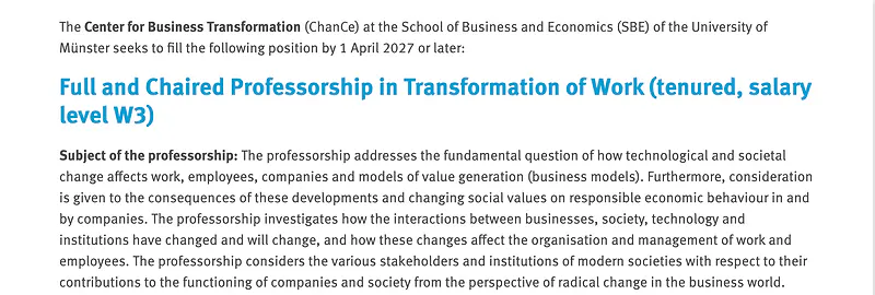 Full and Chaired Professorship in Transformation of Work – University of Münster
