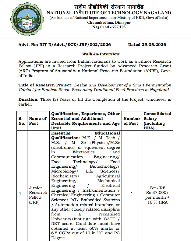 Junior Research Fellow (JRF) Recruitment 2026 – NIT Nagaland