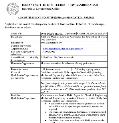 Post-Doctoral Fellow Recruitment 2026 at IIT Gandhinagar – Chemical Engineering Research Project