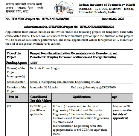 Junior Research Fellow Recruitment 2026 at IIT Mandi – ANRF Sponsored Research Projec