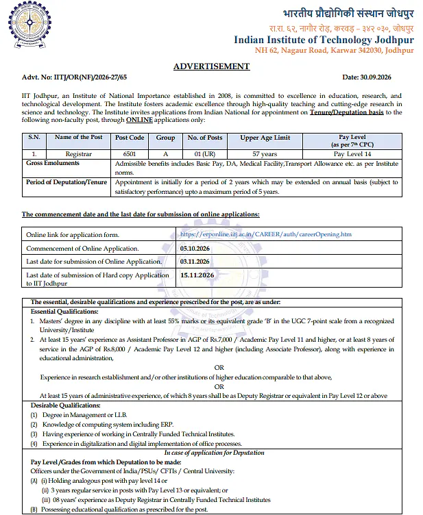 IIT Jodhpur Registrar Recruitment 2026 – Apply Online for Registrar Position