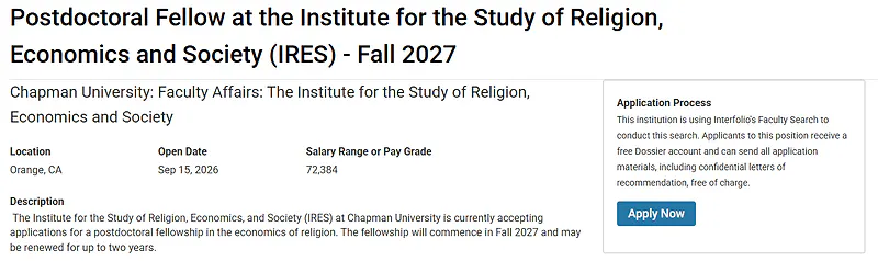 Postdoctoral Fellow – Institute for the Study of Religion, Economics and Society (IRES) – Chapman University