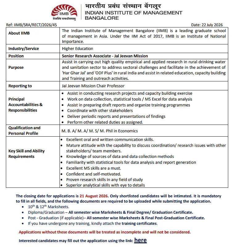 IIM Bangalore Senior Research Associate Recruitment 2026