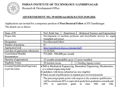 Post-Doctoral Fellow Recruitment 2026 – IIT Gandhinagar