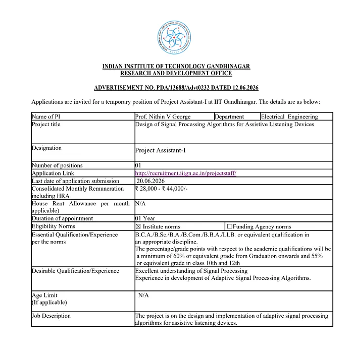 IIT Gandhinagar Recruitment 2026 | Project Assistant-I Position in Electrical Engineering