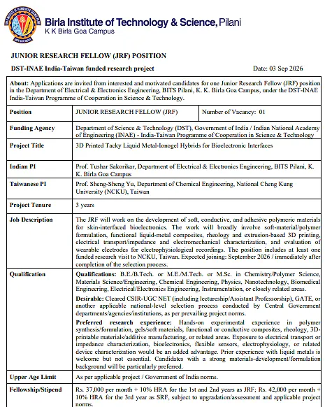 Junior Research Fellow Recruitment 2026 at BITS Pilani Goa Campus – DST-INAE India–Taiwan Research Project