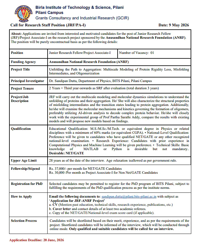 Research Staff Opening: JRF / Project Associate-I at BITS Pilani (Pilani Campus)