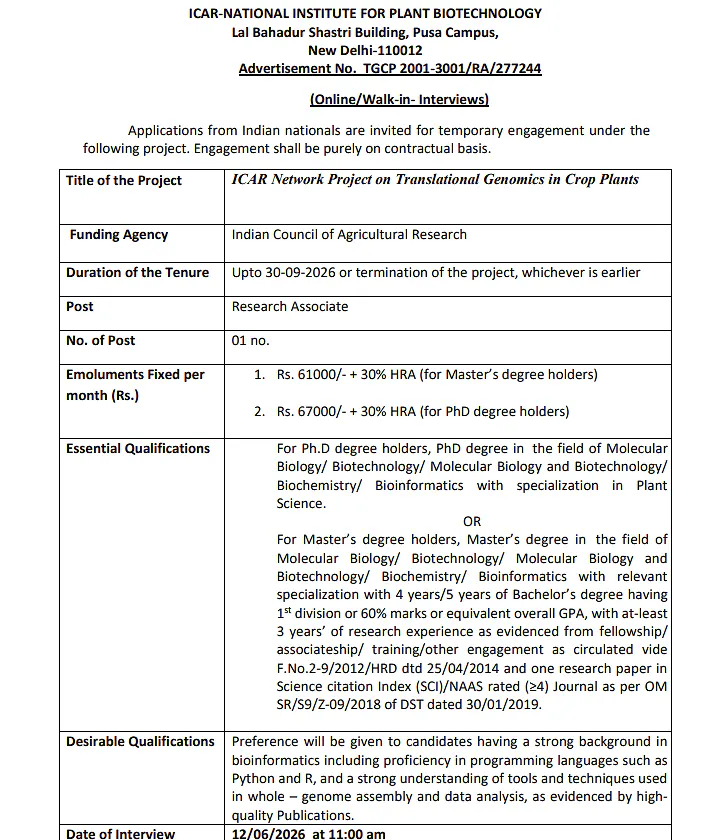 ICAR-NIPB Research Associate Recruitment 2026