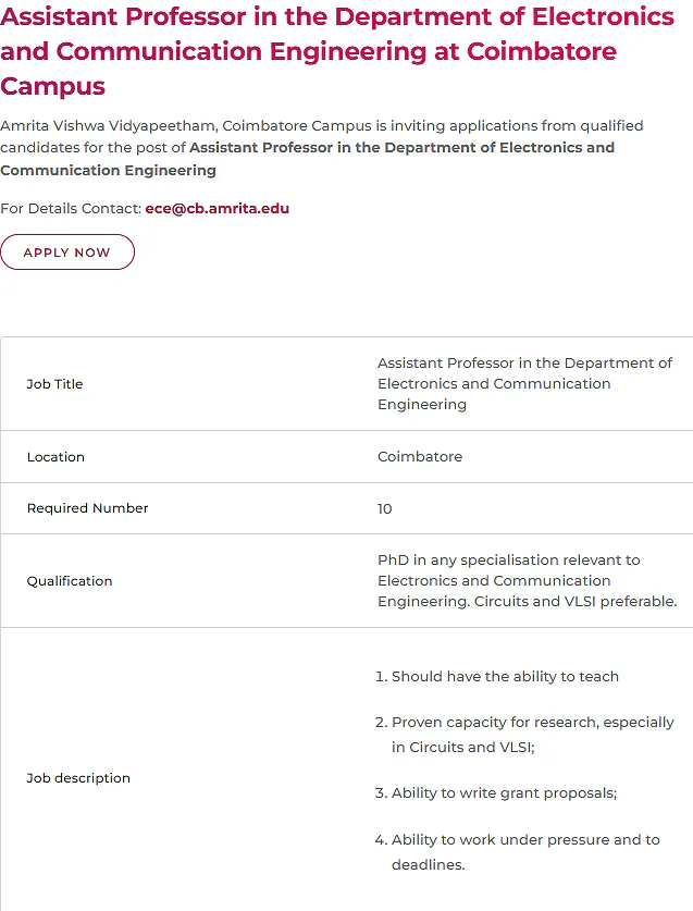 Assistant Professor Recruitment 2026 at Amrita Vishwa Vidyapeetham – Electronics and Communication Engineering