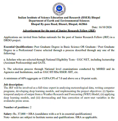 IISER Bhopal Junior Research Fellow (JRF) Recruitment 2026 – DRDO Project