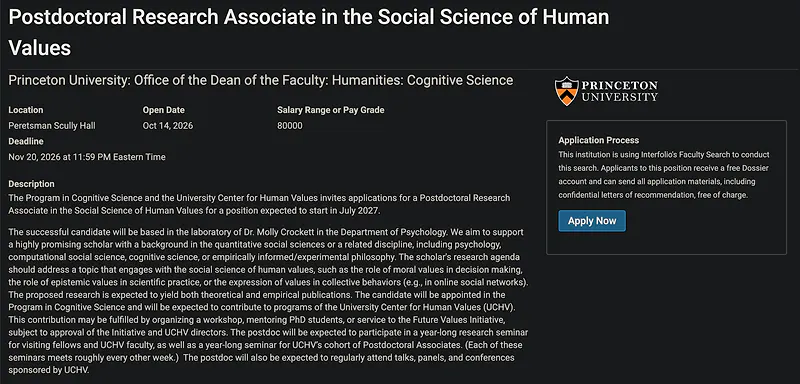 Postdoctoral Research Opportunity: Postdoctoral Research Associate in the Social Science of Human Values – Princeton University
