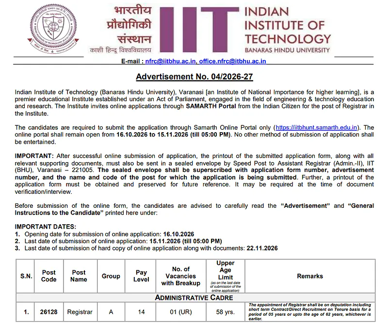 IIT BHU Varanasi Registrar Recruitment 2026 – Apply Online for Group A Administrative Post