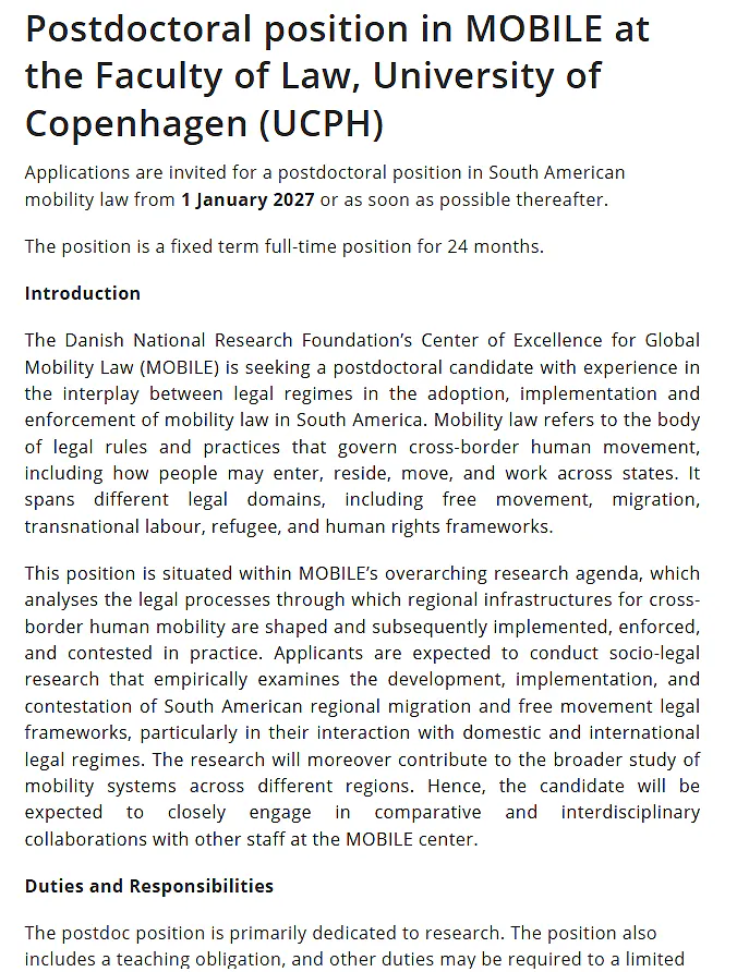 University of Copenhagen Recruitment 2026: Postdoctoral Position in Global Mobility Law (MOBILE) | 