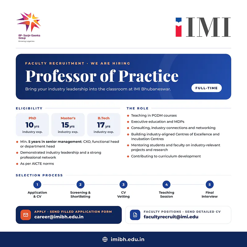 Professor of Practice Recruitment 2026 at International Management Institute (IMI) Bhubaneswar – Full-Time Faculty Position