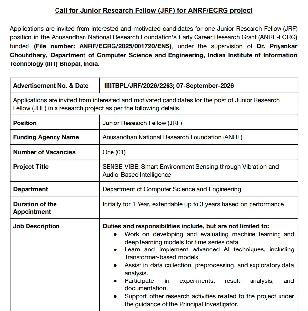 Junior Research Fellow Recruitment 2026 at IIIT Bhopal – ANRF/ECRG Research Project