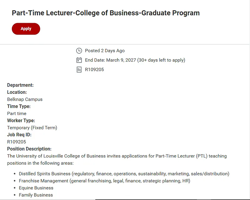 Part-Time Lecturer – College of Business Graduate Program – University of Louisville