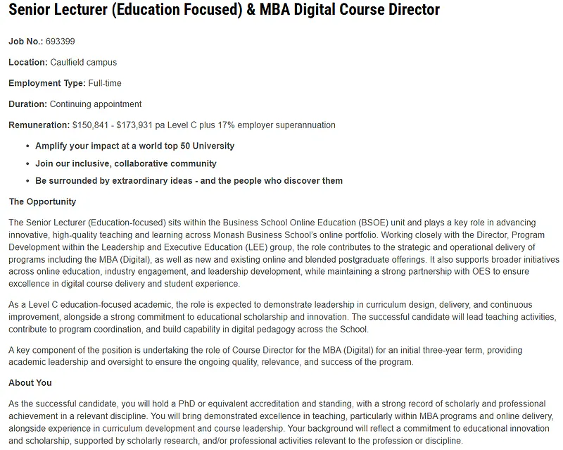 Monash University Recruitment 2026: Senior Lecturer (Education Focused) & MBA Digital Course Director
