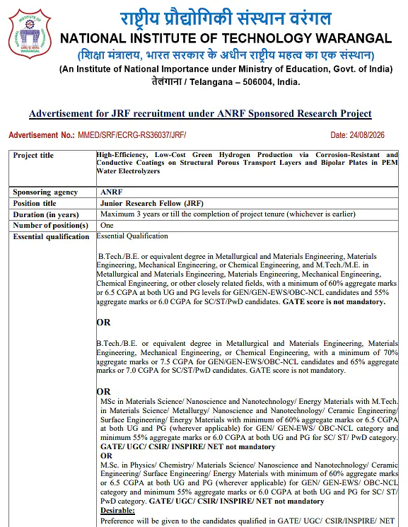 Junior Research Fellow Recruitment 2026 at NIT Warangal – ANRF Green Hydrogen Research Project