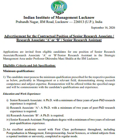 Senior Research Associate / Research Associate / Senior Research Assistant Recruitment 2026 at IIM Lucknow – Strategic Management Area