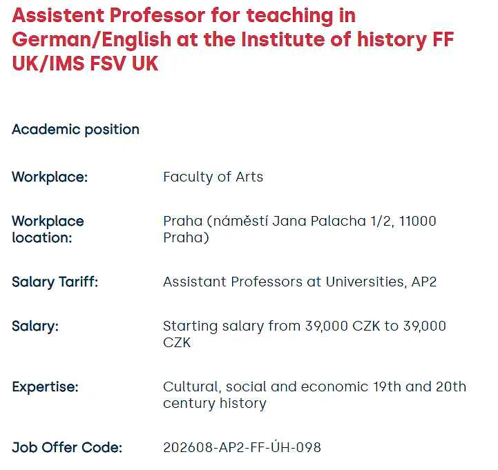 Charles University Recruitment 2026: Assistant Professor in History
