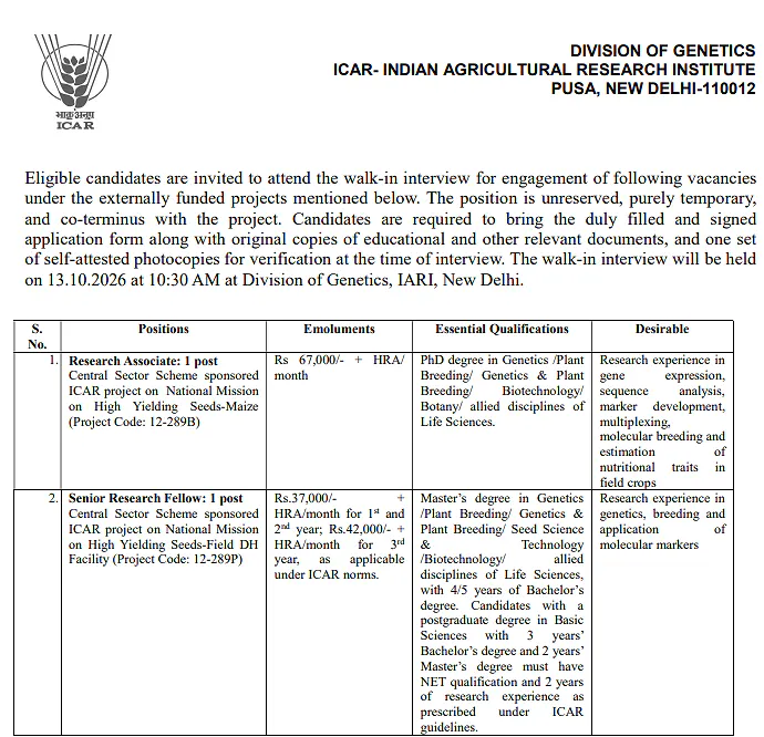 Research Associate & Senior Research Fellow Recruitment 2026 at ICAR-IARI, New Delhi – Walk-in Interview
