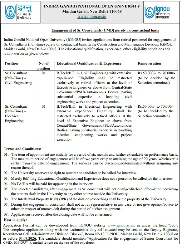 IGNOU Recruitment 2026: Senior Consultant Vacancies in Civil and Electrical Engineering