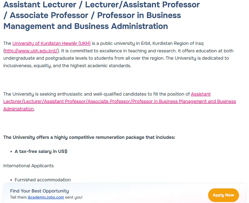University of Kurdistan Hewlêr Faculty Recruitment in Business Management