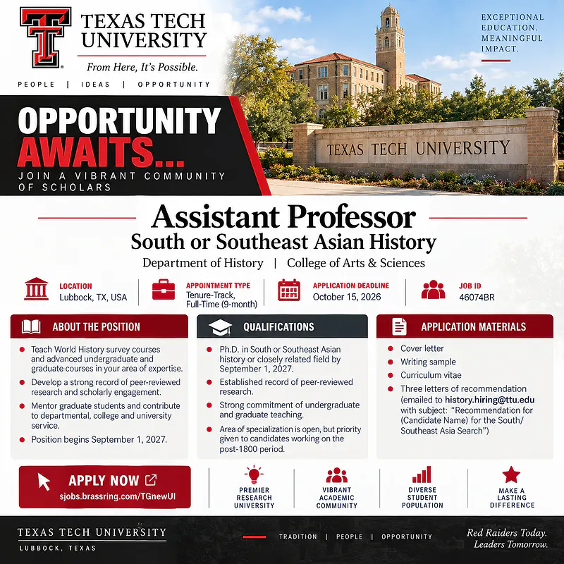 Assistant Professor – South or Southeast Asian History – Texas Tech University