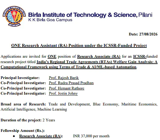 Research Associate Recruitment 2026 at BITS Pilani Goa – ICSSR-Funded Trade & AI Research Project