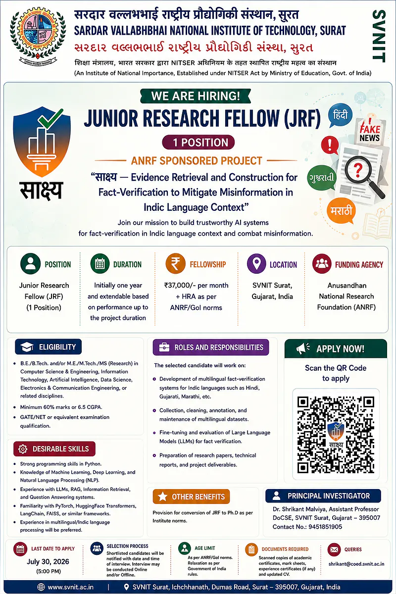Junior Research Fellow (JRF) – ANRF – Misinformation Mitigation & Explainable AI