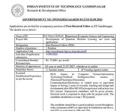 Post-Doctoral Fellow Recruitment 2026 at IIT Gandhinagar – Quantum Machine Learning Research Project