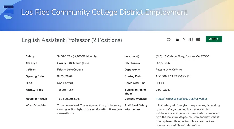 English Assistant Professor (2 Positions) – Los Rios Community College District