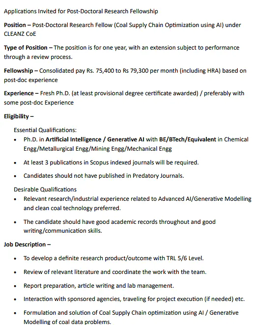 Post-Doctoral Research Fellow Recruitment 2026 at IIT Hyderabad – AI-Based Coal Supply Chain Optimization