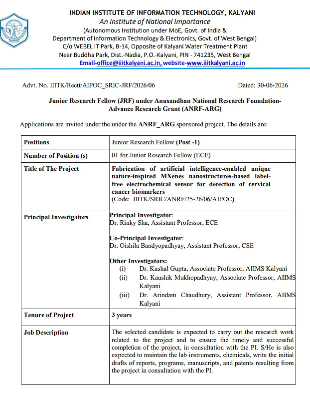 IIIT Kalyani Invites Applications for Junior Research Fellow (JRF) under ANRF-ARG Project