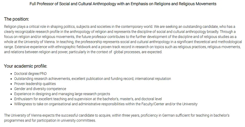 University of Vienna Full Professor Recruitment in Social and Cultural Anthropology